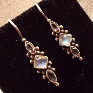 1970 STERLING ARTIST SIGNED MOONSTONE & AMETHYST BEZEL SET LONG EARRINGS 14